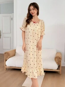 少女杏色底色搭配红樱桃印花舒适长袖睡袍家居服 - 杏色 - 查看 4