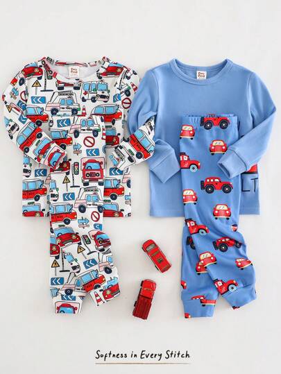Cozy Pixies 4 件套男婴舒适睡衣套装，可爱卡通汽车印花，柔软针织圆领长袖上衣和松紧腰长裤，舒适家居服，适合春、夏、秋、冬