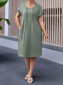 EMERY ROSE Plus Size Women Plain Round Neck Short Sleeve Pleated Pocket Casual Dress