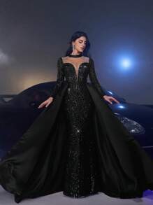 Glamrae Elegant Luxury Sequin Satin Splice Sheer Rhinestone Long Sleeve Fishtail Maxi Dress, Formal Gown, Wedding Guest Dress, Party Dress, Evening Dress - Black - View 6