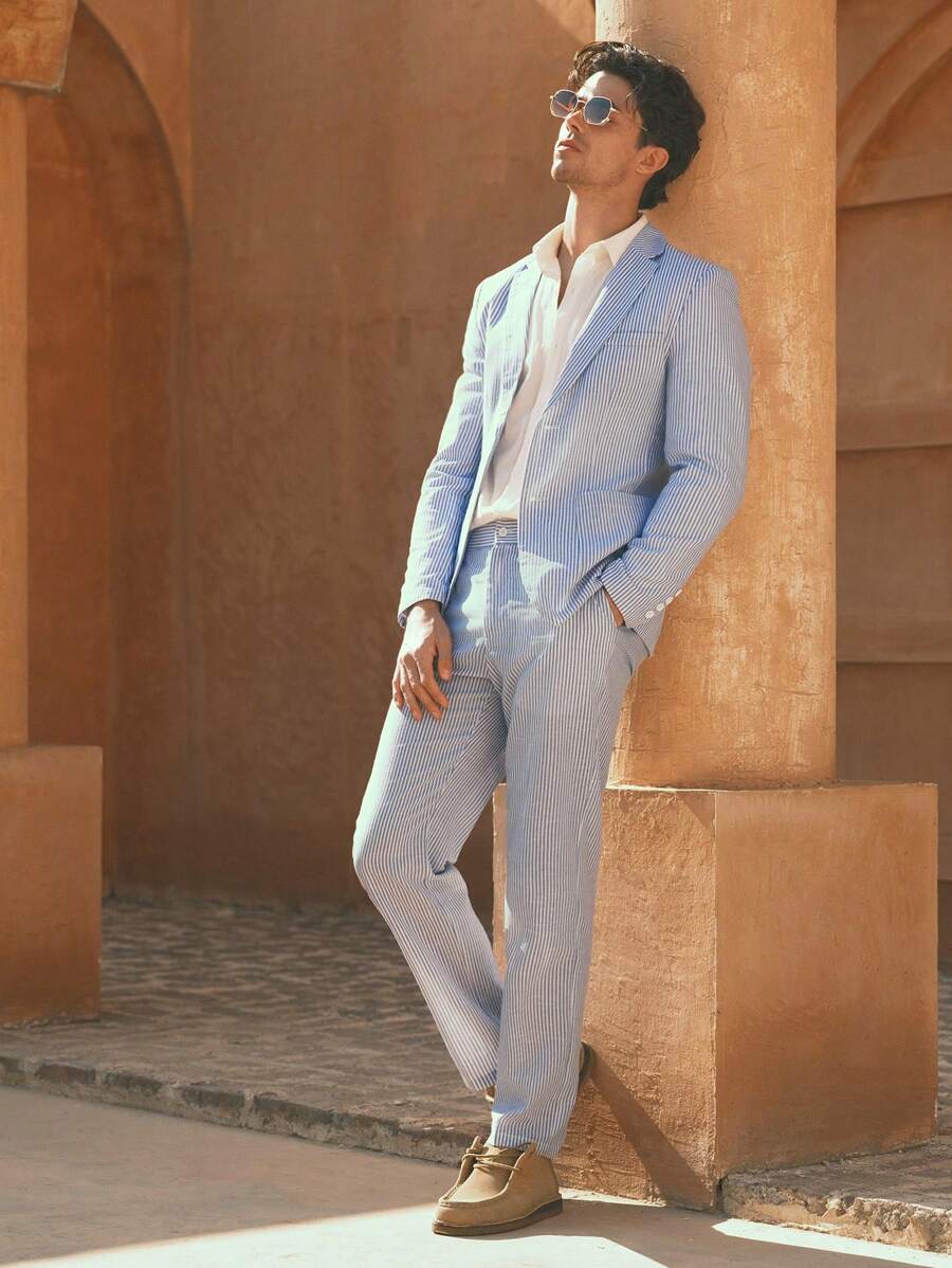 Manfinity VCAY 2pcs Men Slim Striped Collared Formal Suit Set, Suitable For Office, Autumn - Baby Blue - View 1