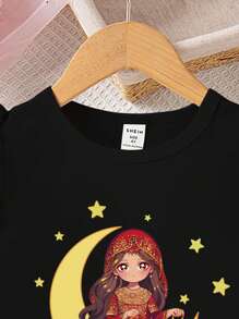 Robe imprimée de croissant de lune pour le ramadan, manches courtes, convenant aux jeunes filles pendant le ramadan