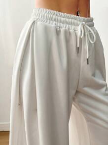 SHEIN EZwear 女士纯色抽绳腰阔腿休闲运动裤 - 白色 - 查看 3
