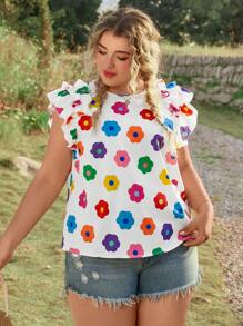 SHEIN VCAY Plus Size Floral Print Round Neck Cap Sleeve Blouse, Multi-Color Summer Beach For Woman Graduation Brunch For Women St Patrick Spring Break Rave Festival Elegant Vacation Woman Casual Western Cute Boho Floral Beach Spring Brunch For Women Old Money Tropical Vacation Woman Cute Tops Women Summer Cute Summer Tops Women Summer Women Tops