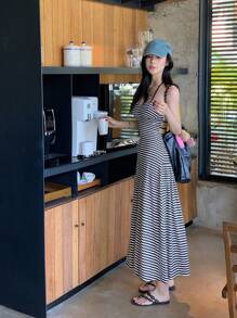 DAZY Váy không tay hở lưng sọc đơn giản cho nữ mùa hè - màu đen - Xem 5