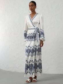 Aveloria Modichic Elegant Vacation Style Blue & White Porcelain Print Lantern Sleeve Wrap Waist Design Long Sleeve Dress For Women - Multicolor - View 4
