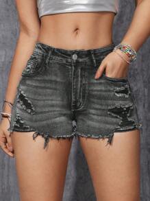 SHEIN EZwear Casual Washed Slim Fit Distressed Denim Shorts