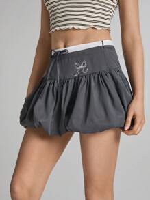Easelle Grey Woven Skirts For Women With Bow & Floral Print, Bow Decor - Grey - View 4