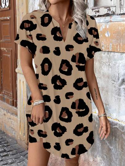 SHEIN LUNE Vestido corto de mujer de cuello en V, estampado de leopardo, tejido, casual y sencillo, adecuado para primavera y verano