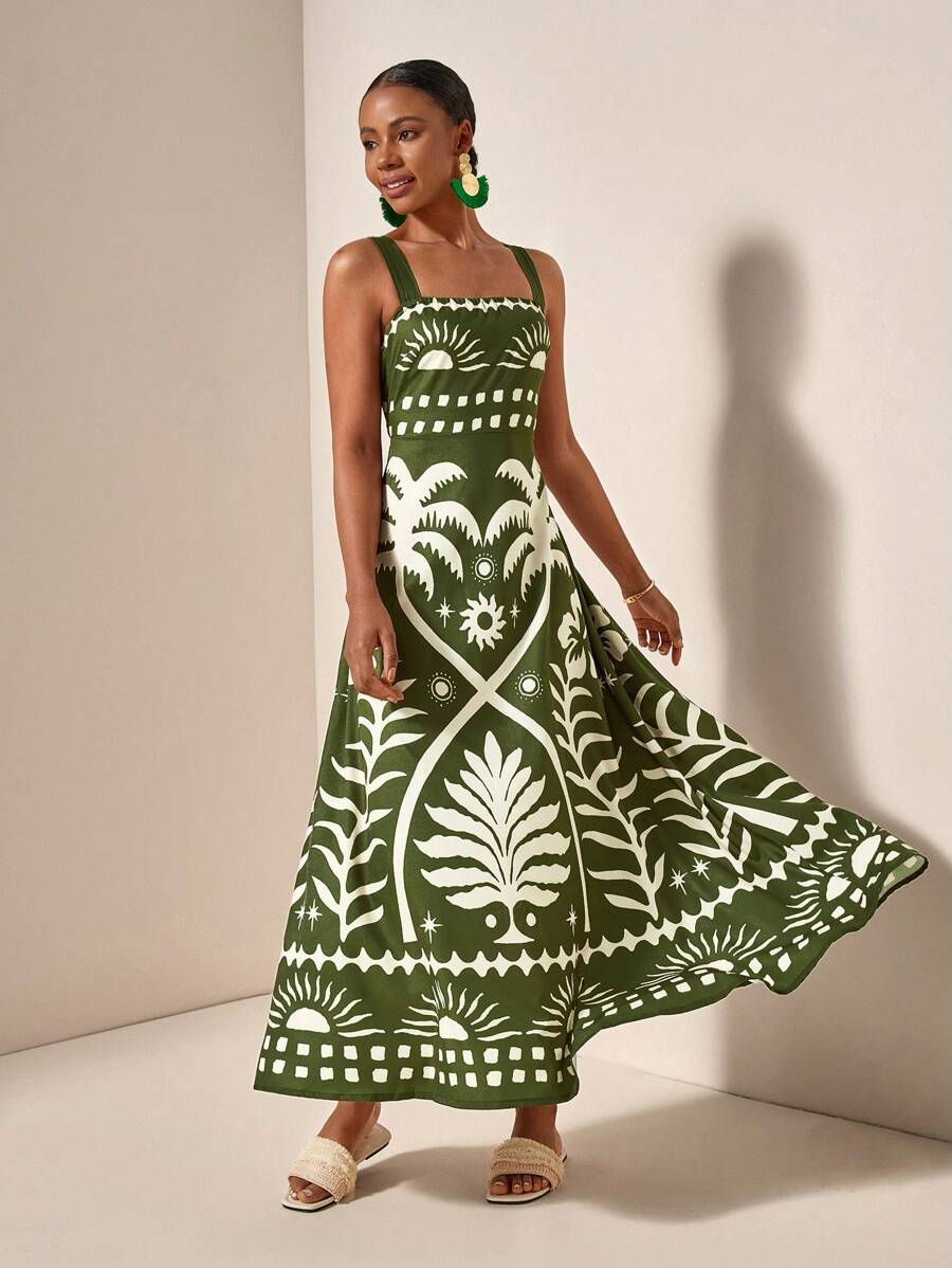 Zivah 女式夏季度假阳光和椰子树印花绿色热带波西米亚风连衣裙 - 綠色 - 查看 1