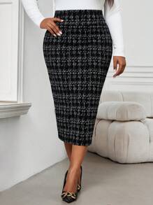 Fleurora Plus Size Elegant Plaid Fitted Pencil Skirt, Commuter Style For Autumn
