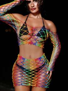 Swim SXY Spring Break Women 2pcs Set Knit Multi-Color Rainbow Long Sleeve Fishnet Bodysuit + Sexy Beach Dress - Multicolor - View 3