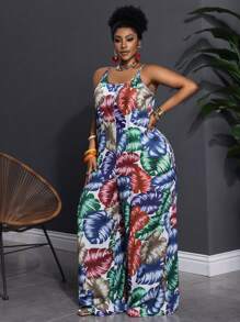 Slaydiva Plus Size Women's Tropical Print Loose Jumpsuit With Spaghetti Straps And Wide Legs - Multicolor - View 3
