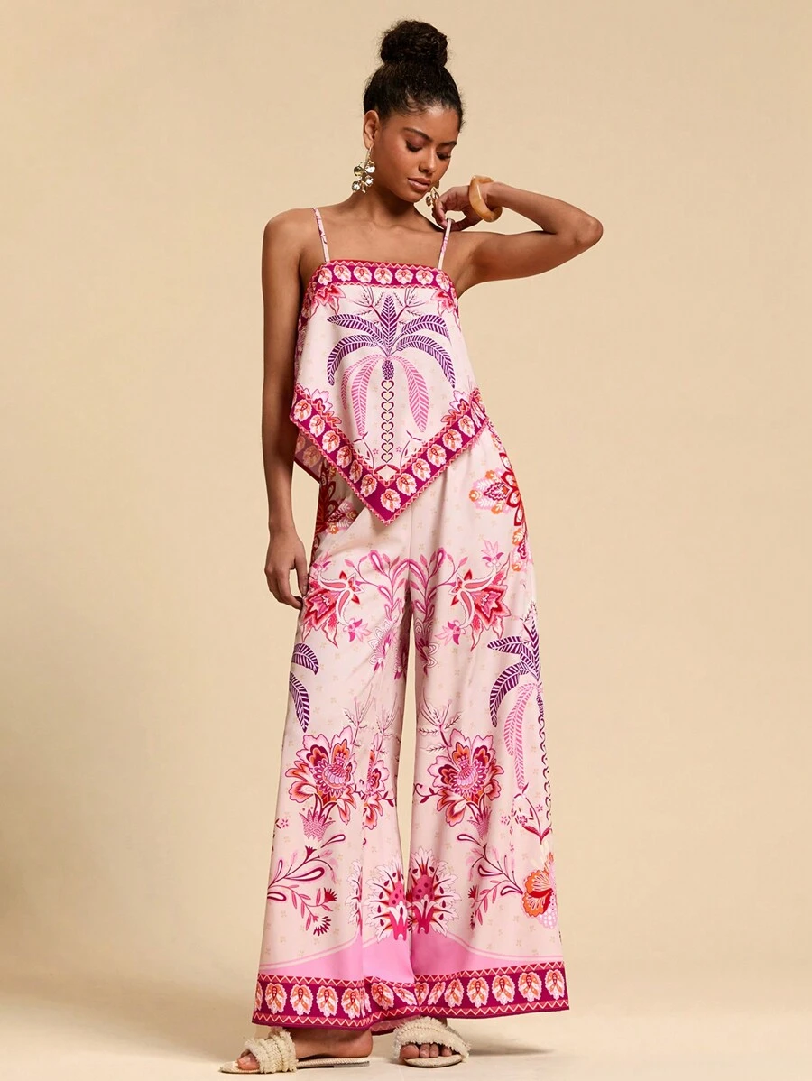 Travachic 2pcs/Set Printed Cami & Pants Outfit, Minimalist Fashion Casual Daily Wear