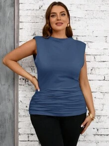 SHEIN Clasi Plus Size Women Solid Color Ruched Figure-Flattering Stand Collar Tank Top - Teal Blue - View 6