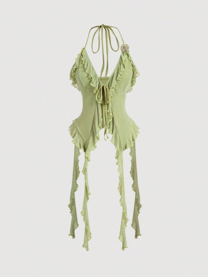 SHEIN MOD Summer Romantic Green Firll Edge Ribbon And 3D Flower Halter Neck Top Summer Women Tops Concert Women Sexy Top