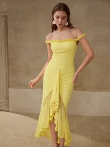 MOTF PREMIUM 女士弹力针织网眼浪漫露肩连衣裙 - 黃色 - 查看 3