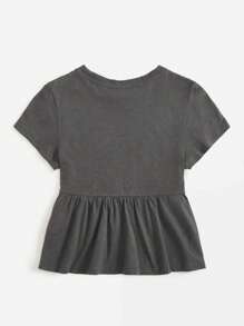 SHEIN EZwear 女士加大码纯色圆领拼接 A 字型棉质娃娃裙 T 恤（灰色） - 灰色 - 查看 2
