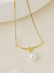 1件优雅精致的仿珍珠绳项链，末端饰有月亮吊坠，锁骨链，圣诞节冬季礼物 - 金黃色 - 查看 5