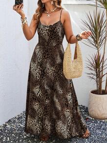 Flirla Plus Size Women Sexy Chiffon Leopard Print Spaghetti Strap Vacation Dress - Multicolor - View 3