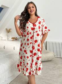 Camisón de talla grande con cuello en V, volantes y estampado romántico de rosas