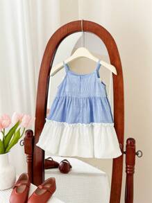 SHEIN Babygirl Summer Cute Color Block Bow Ruffle Hem Strap Sundress - Blue - View 2