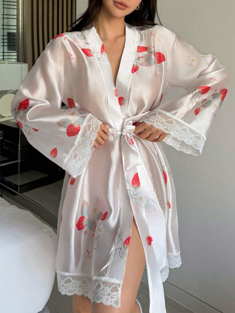 Lace Patchwork Sheer Fabric Sexy Short Women's Robe Pajama