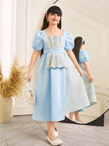 SHEIN Leap Crew Robe mi-longue de princesse de style palais pour filles préadolescentes, en jacquard bleu, design col carré contrastant, manches bouffantes asymétriques. Luxueuse et élégante. - Bleu azur - Voir 3