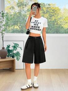 SHEIN EZwear Quần short Bermuda dệt rộng màu đen có thắt lưng - màu đen - Xem 5
