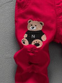 男婴黑熊字母刺绣做旧洗水牛仔长裤 - 紅色 - 查看 3