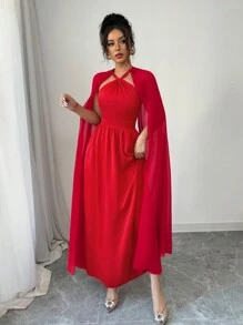 SHEIN Unity Summer Women's Holiday Party Outfits Long Women's Valentine's Day Halter Neck Red Chiffon Splicing Cape Dress - Red - View 6