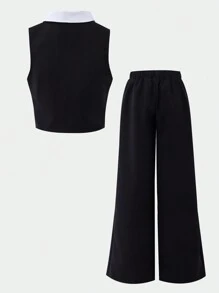 SHEIN WESTFADE Young 2 Pieces Set For Teen Girls Halter Neck Vest With Black & White Color Block Design, Sleeveless Top Paired With Wide Leg Casual Pants, Exhibiting A Fashionable Yet Comfortable, Unique Yet Elegant Style, Suitable For Fashion-Forward Wedding Guests, And Elegant