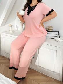 2pcs Set Women Plus Size Simple Casual Design Lace Patchwork Soft And Skin-Friendly Milk Silk Pajamas With Short Sleeve Top And Long Pants In Pink Color