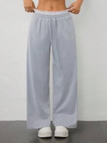 SHEIN PETITE Pantalones largos informales con cintura con cordón, parche de encaje y contraste de color