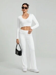 SHEIN Tall V領長袖純色上衣與休閒長褲套裝，適合高個女性 - 白色 - 查看 6