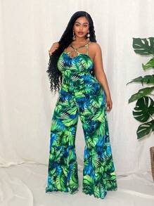 Slaydiva Monos de verano casuales nuevos de 2025 con estampado floral verde, sin mangas, con tirantes cruzados y con capas, para talla grande, adecuados para vacaciones, fiestas y ocasiones elegantes en primavera/verano