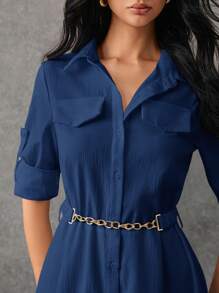 Poéselle 女裝純色卷起袖口扣前襯衫連身裙，適用於春夏季節 - 藏蓝色 - 查看 4