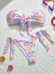 SHEIN MOD Floral Print Bikini Set With Front Tied Bandeau Top And Side Tie Bottoms, For Summer Beach Vacation - Multicolor - View 1