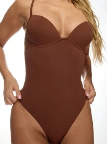 MISSGUIDED 无缝低胸连体衣，带模压罩杯，修身塑形，派对俱乐部服装，夜间外出必备正式晚会连体衣，丁字裤 - 咖啡棕 - 查看 5