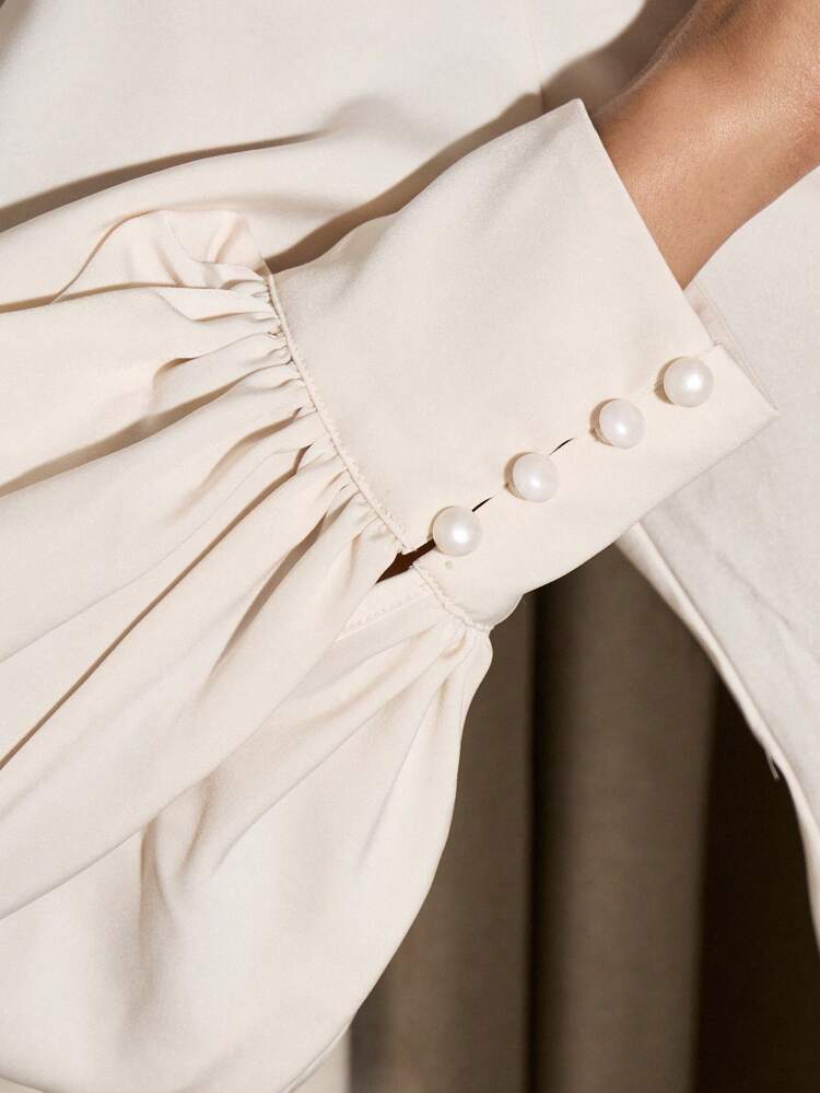 Elegant Satin Blouse With Balloon Sleeves And V-Neck