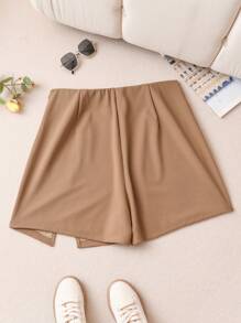 SHEIN Frenchy Plus Size Women's Spring And Summer Fashion Casual Comfortable Basic Versatile Daily Khaki Skirt Pants,Women Bottom,Summer Outfits,Curve Shorts