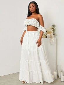 SHEIN SXY Plus Size Women's 2025 Spring/Summer 2pcs-SET White Off Shoulder Crop Top With 3D Rose Decor + Matching Ruched Skirt, Suitable For Beach Vacation, Date Night, Birthday, Bachelorette Party Outfit, Cute, Casual, Shopping, Streetwear, Going Out, Easy To Match & Looks Slim, Accent Your Body, Flatter The Figure - White - View 3