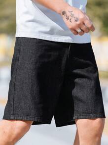 Manfinity Homme Men's Loose Fit Pocketed Wide Leg Denim Shorts - Black - View 8