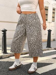 SHEIN EZwear 大码时尚豹纹阔腿牛仔裤 - 淺灰色 - 查看 3