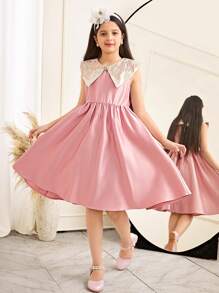SHEIN Tween Girls Elegant Color-Matched Jacquard Sleeveless Beads Decor A-Line Dress - Pink - View 5