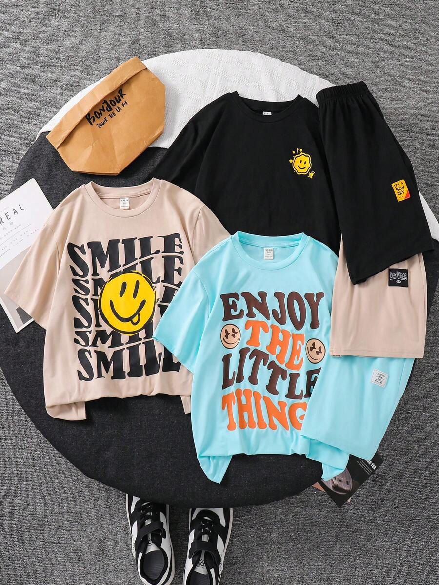 SHEIN 6pcs/Set Tween Boys Casual Versatile Cute Graphic & Letter Print Round Neck Loose Fit Short Sleeve T-Shirt And Shorts Set, Suitable For School, Garden, Beach, Birthday, Spring/Summer/Fall/Winter - Multicolor - View 1
