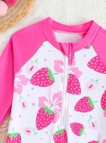 SHEIN Baby/Baby Girl Summer/Holiday Cute Strawberry Printed Long Sleeve Zipper One-Piece Rash Guard Swimsuits