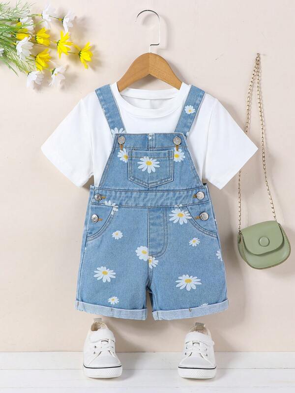 SHEIN Pantalones peto vaqueros cómodos con estampado floral y de margaritas para niñas bebés, versátiles y lindos, adecuados para el uso diario, nuevos lanzamientos de primavera/verano 2025, artículos esenciales durante todo el año