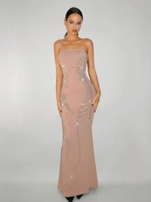 SHEIN ICON 修身版型贴身水钻镶嵌连衣裙 - 卡其色 - 查看 3