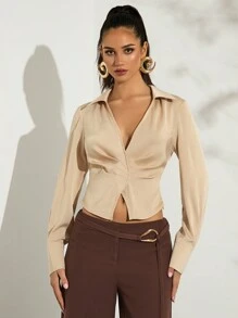Glamine Camisa feminina de cor sólida com sobreposição frontal, plissada, decote em V profundo, lapela, elegante e sexy, manga comprida - Tops femininos, Dia dos Namorados - Caqui - Ver 4